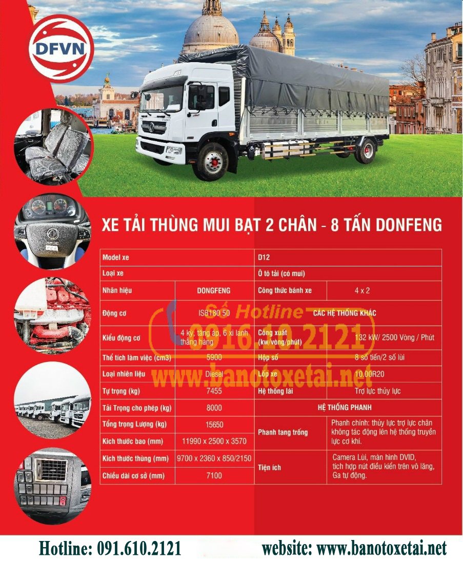 Thông số kỹ thuật xe tải Dongfeng D12 thùng mui bạt